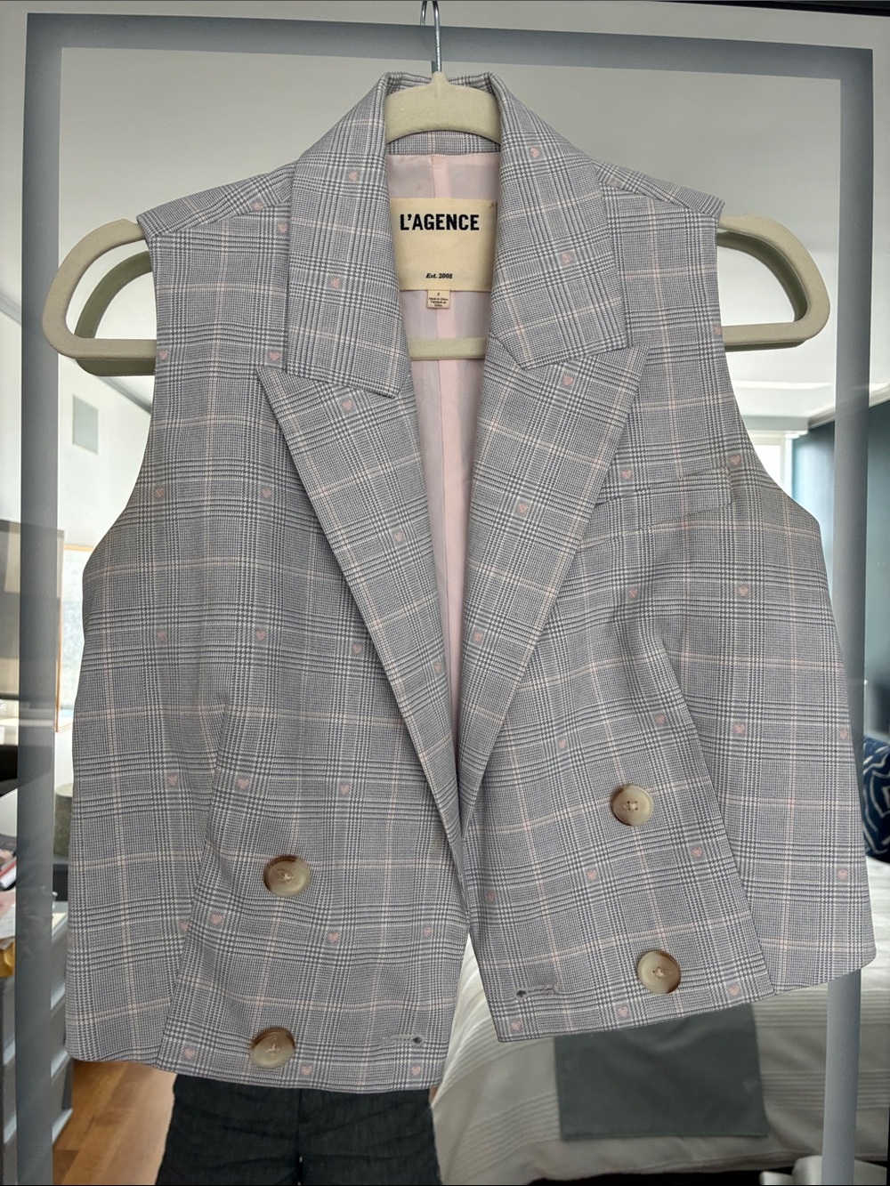L'AGENCE Gray Plaid Double-Breasted Vest with Pink Lining